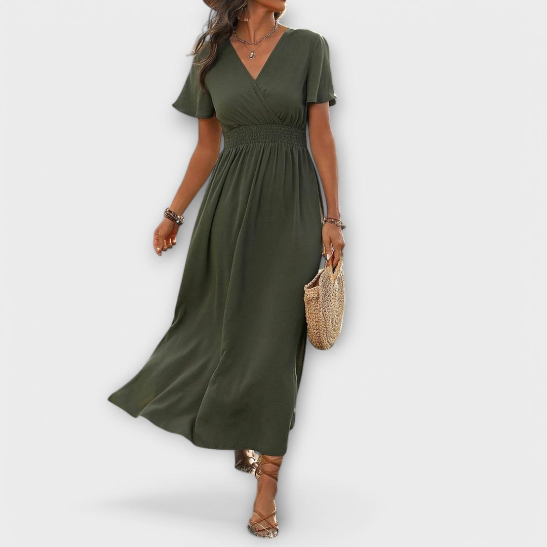 Camilla – Elegant boho-kjole med V-udskæring og lange ærmer