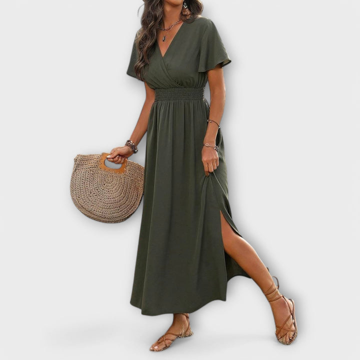 Camilla – Elegant boho-kjole med V-udskæring og lange ærmer