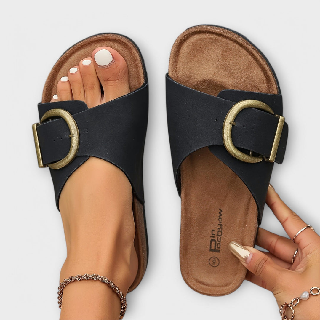 Hanne – Damesandaler i kork med spænderem-design