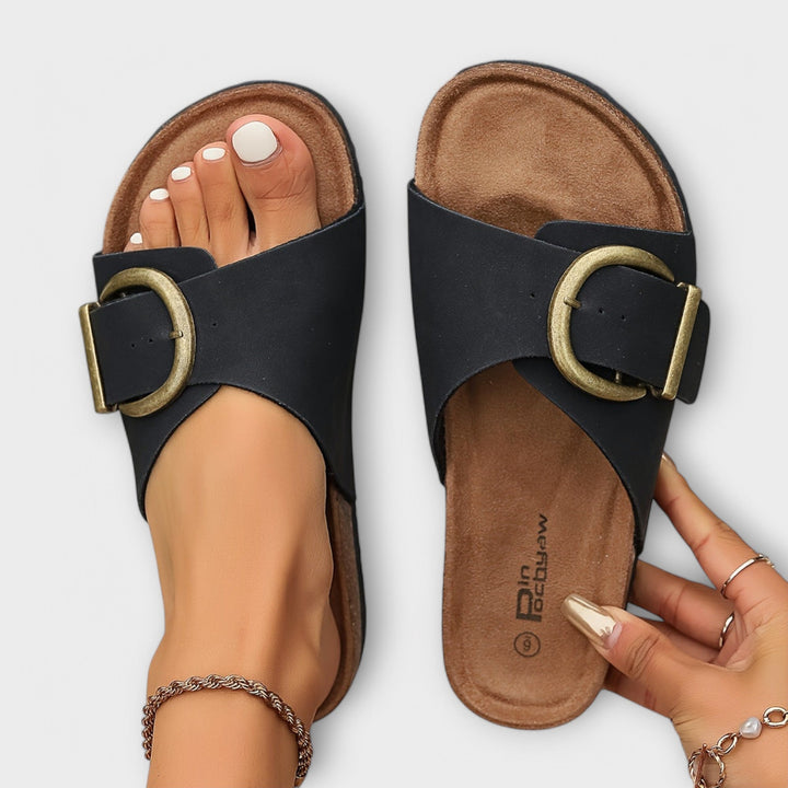 Hanne – Damesandaler i kork med spænderem-design