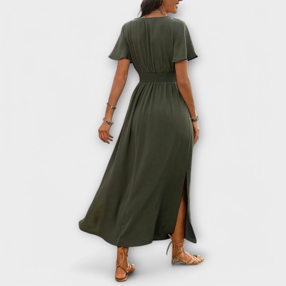 Camilla – Elegant boho-kjole med V-udskæring og lange ærmer
