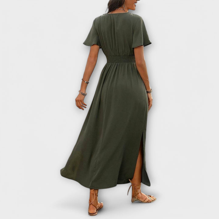 Camilla – Elegant boho-kjole med V-udskæring og lange ærmer