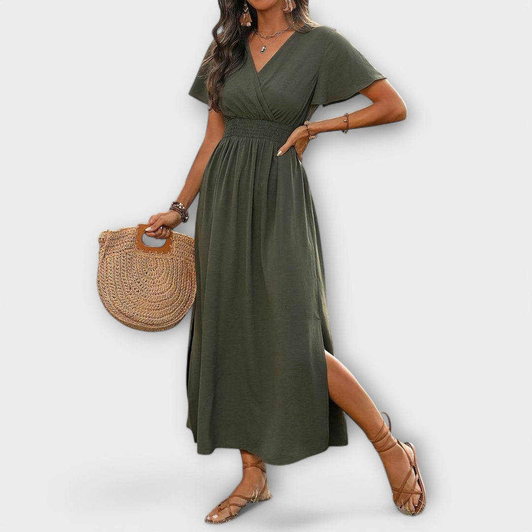 Camilla – Elegant boho-kjole med V-udskæring og lange ærmer