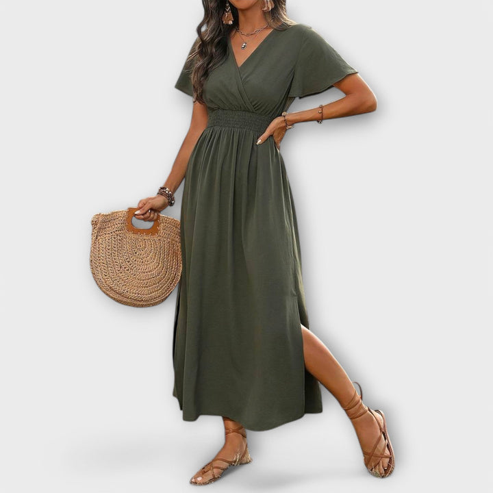 Camilla – Elegant boho-kjole med V-udskæring og lange ærmer