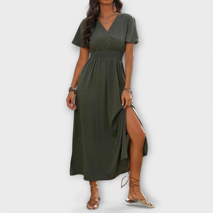 Camilla – Elegant boho-kjole med V-udskæring og lange ærmer